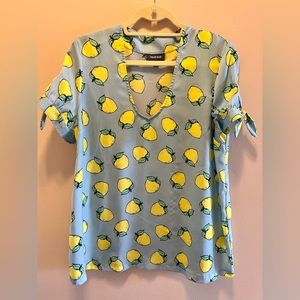 ModCloth L Lemon Print tie sleeves rounded v neck